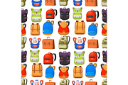 Back to School kids backpack vector illustration work time education baggage rucksack learning luggage seamless pattern background.