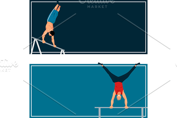 Horizontal bar chin-up strong athlete man cards gym exercise street workout tricks muscular fitness sport pulling up character vector illustration.