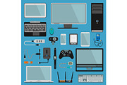 Electronic gadgets vector icons technology PC electronics multimedia devices. Everyday technology objects. Control gadgets. Control connection computer gadjects