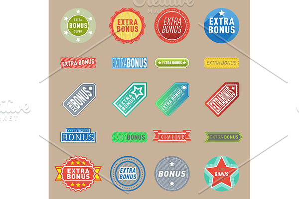 Super extra bonus vector labels banners text color business shopping concept. Internet promotion shopping extra bonus labels. Extra-bonus labels advertising discount marketing