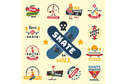 Skateboarders people tricks silhouettes sport badge extreme action active skateboarding urban young jump person vector illustration.