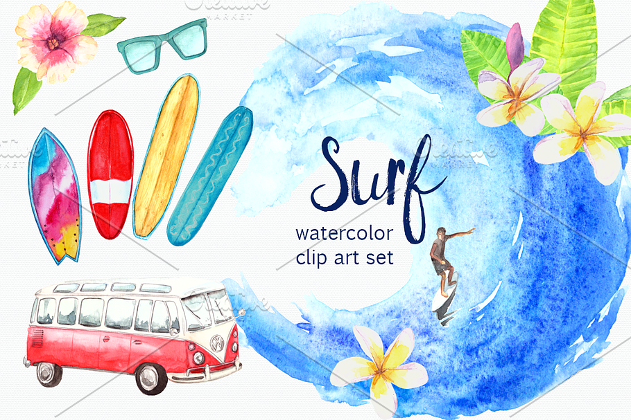 Watercolor Surf Clip Art Set in Illustrations - product preview 8