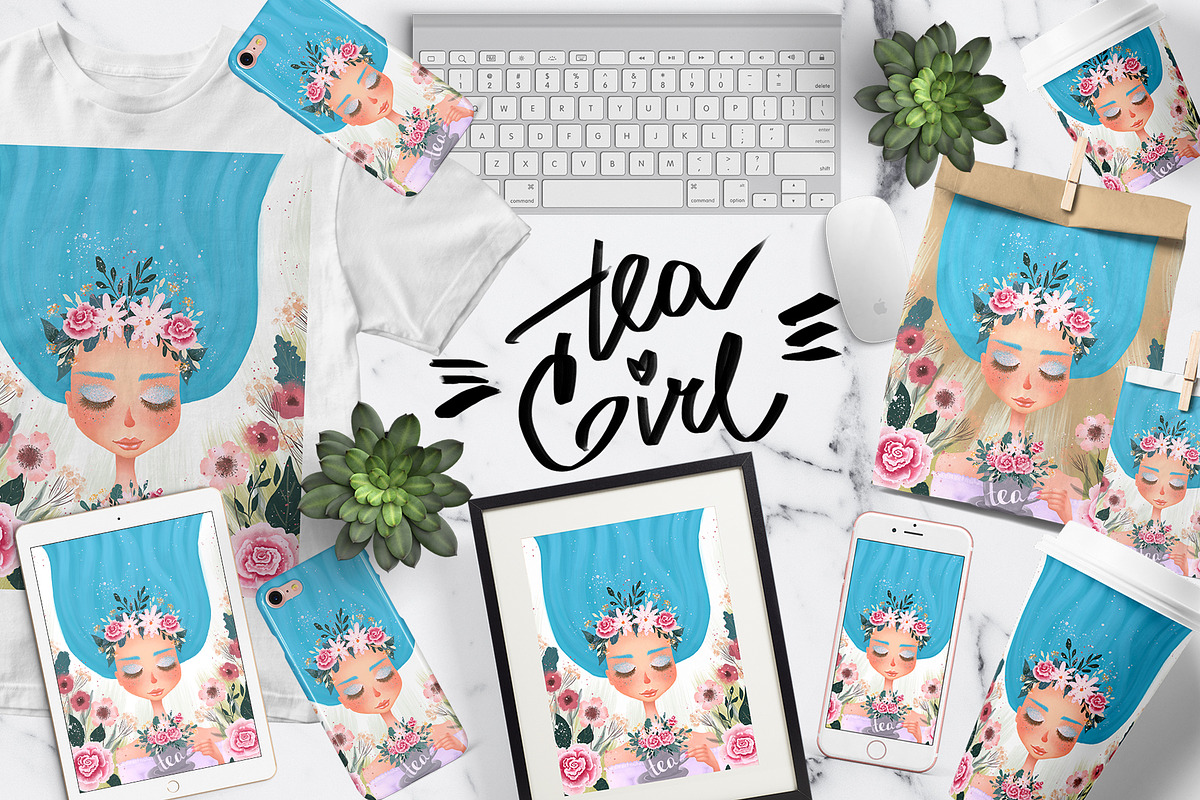 Floral Tea Girl Illustration in Illustrations - product preview 8