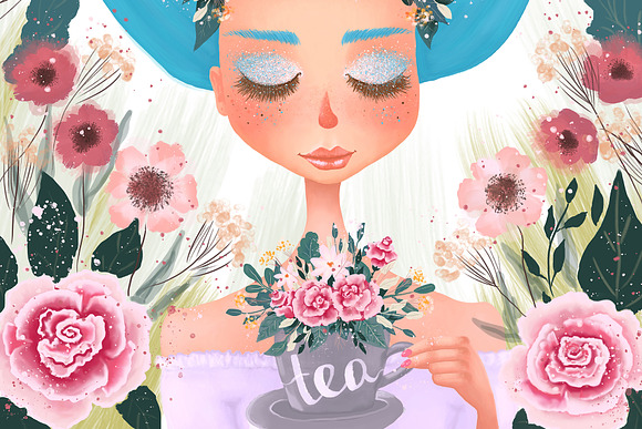 Floral Tea Girl Illustration in Illustrations - product preview 2