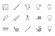 Dentistry hand drawn outline doodle icon set.
