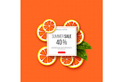 Summer sale banner with sliced grapefruit pieces, leaves and dotted pattern. Orange background - template for seasonal discounts, vector illustration.