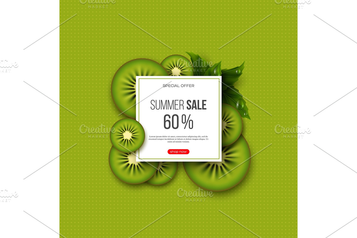 Summer sale banner with sliced kiwi pieces, leaves and dotted pattern. Green background - template for seasonal discounts, vector illustration. in Illustrations - product preview 8