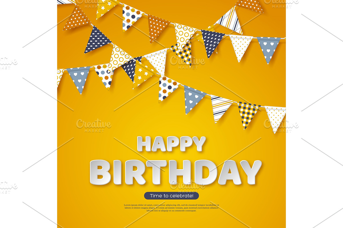 Happy birthday greeting design. Paper cut style white letters and bunting flags with different colorful patterns. Yellow background, vector illustration. in Illustrations - product preview 8