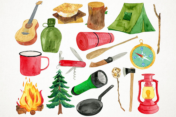 Watercolor Camping Clipart in Illustrations - product preview 1