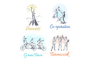 Success and Co-operation Set Vector Illustration