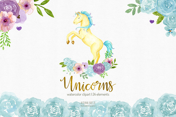 unicorn watercolor clipart in Illustrations - product preview 2