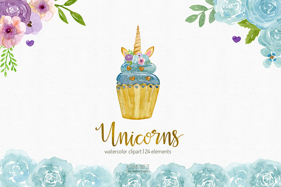 unicorn watercolor clipart in Illustrations - product preview 3