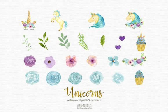 unicorn watercolor clipart in Illustrations - product preview 4
