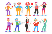 Clown vector scary clownish character clowning on performance in circus with ax or sword and cartoon man of clownery illustration set of creepy perfomers isolated on white background