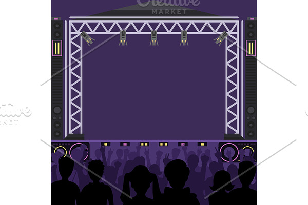 Concert stage scene vector music stage and night concert party. Young pop group fun zone people silhouette concert crowd in front of bright music stage lights. Pop artists group band scene