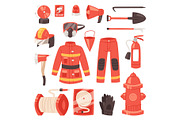 Firefighter vector firefighting equipment firehose hydrant and fire extinguisher illustration set of fireman uniform with helmet isolated on white background