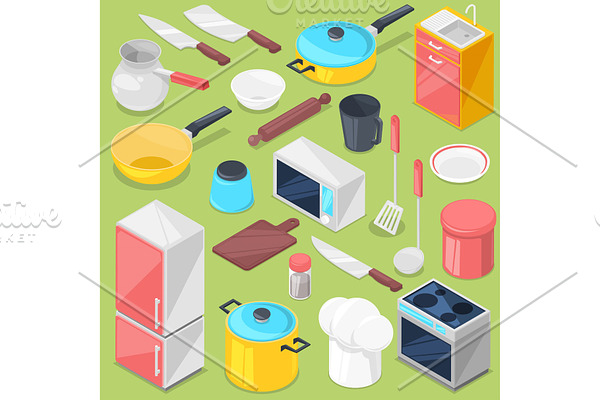 Kitchenware vector household appliance and cookware for cooking or kitchen utensils for kitchener isometric illustration refrigerator in kitchenette set isolated on background