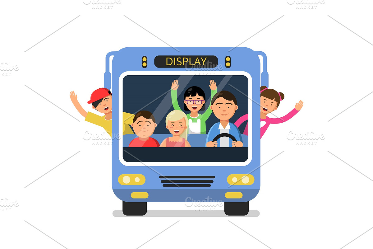 Front view of school bus with set of happy childrens and driver in Graphics - product preview 8