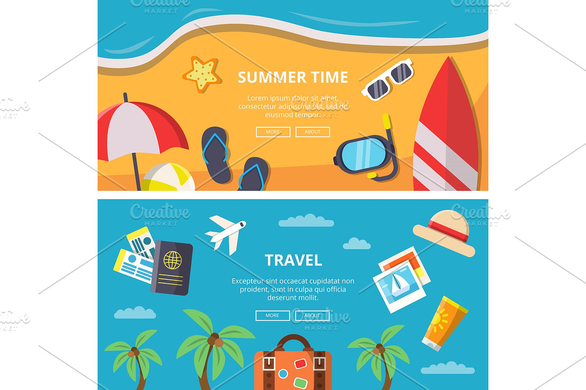 Horizontal banners with summer time pictures and travel symbols in Graphics - product preview 8