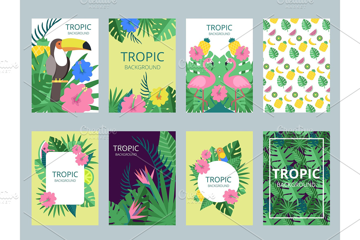 Design template of cards with illustrations of exotic plants, fruits and animals in Graphics - product preview 8