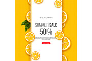Summer sale banner with sliced orange pieces, leaves and dotted pattern. Yellow background - template for seasonal discounts, vector illustration.