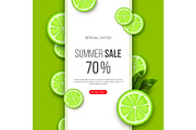 Summer sale banner with sliced lime pieces, leaves and dotted pattern. Green background - template for seasonal discounts, vector illustration.