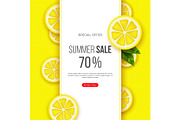 Summer sale banner with sliced lemon pieces, leaves and dotted pattern. Yellow background - template for seasonal discounts, vector illustration.