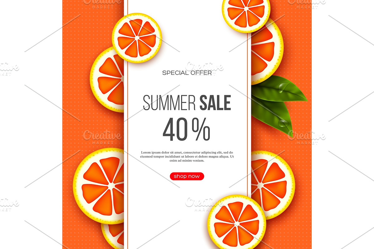 Summer sale banner with sliced grapefruit pieces, leaves and dotted pattern. Orange background - template for seasonal discounts, vector illustration. in Illustrations - product preview 8