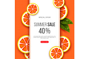 Summer sale banner with sliced grapefruit pieces, leaves and dotted pattern. Orange background - template for seasonal discounts, vector illustration.