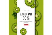 Summer sale banner with sliced kiwi pieces, leaves and dotted pattern. Green background - template for seasonal discounts, vector illustration.