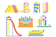Flat illustrations of water park with various attractions