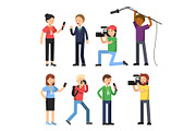 Set characters of broadcasting, reportage and interview. Operator, photographer and interviewer