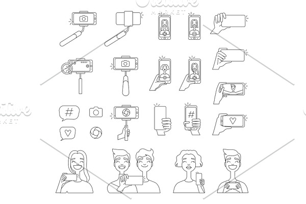 Mono line pictures of various tools for self photography. Selfie concept illustrations