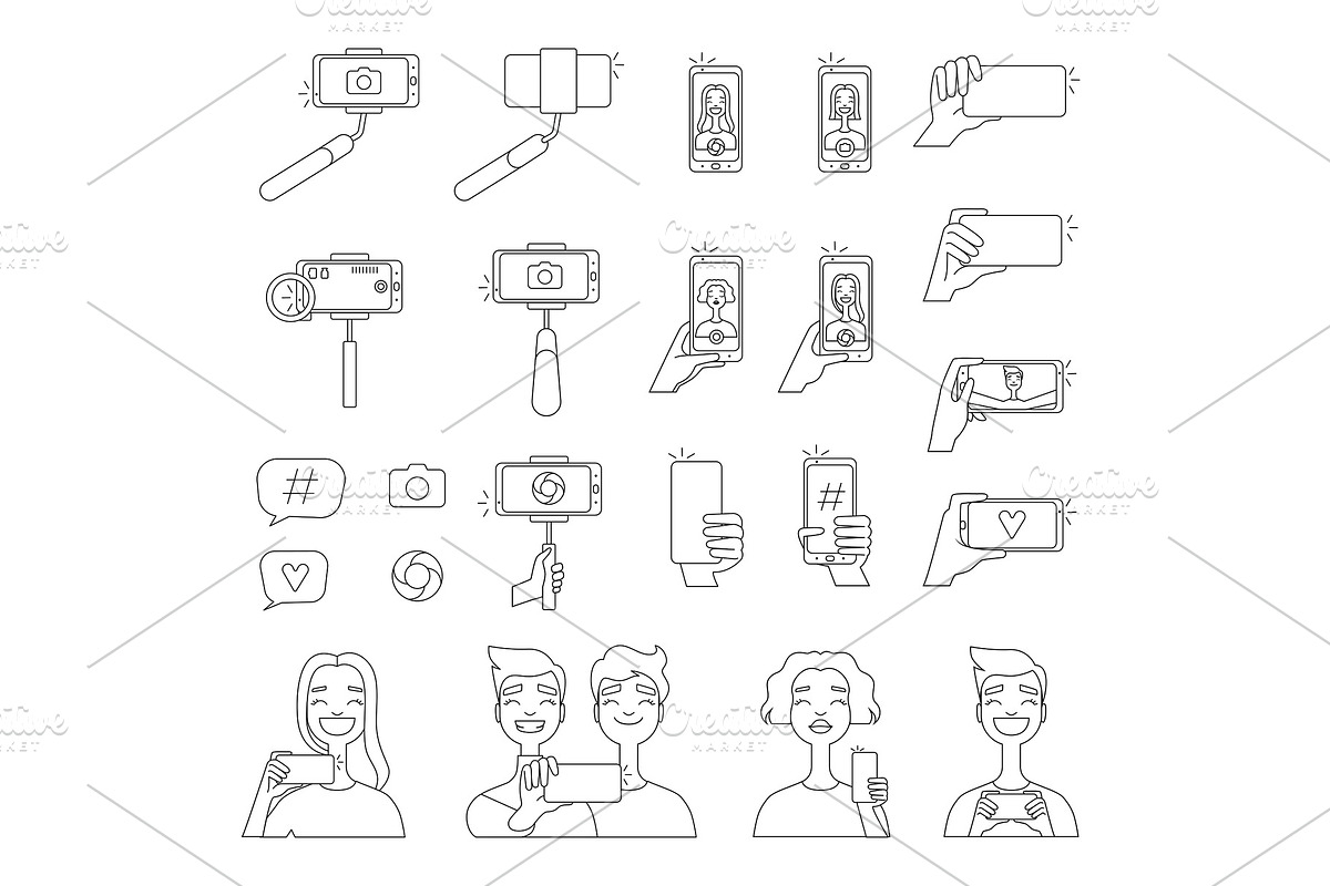 Mono line pictures of various tools for self photography. Selfie concept illustrations in Graphics - product preview 8