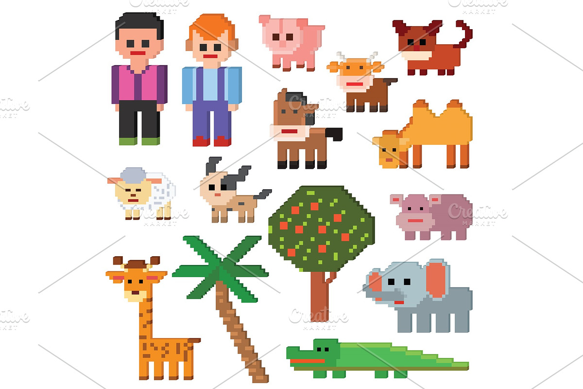 Pixel character vector farm animal pixelart and cartoon animalistic farming signs for 8bit game illustration gamification set of dog pig or elephant isolated on white background in Illustrations - product preview 8