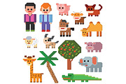 Pixel character vector farm animal pixelart and cartoon animalistic farming signs for 8bit game illustration gamification set of dog pig or elephant isolated on white background