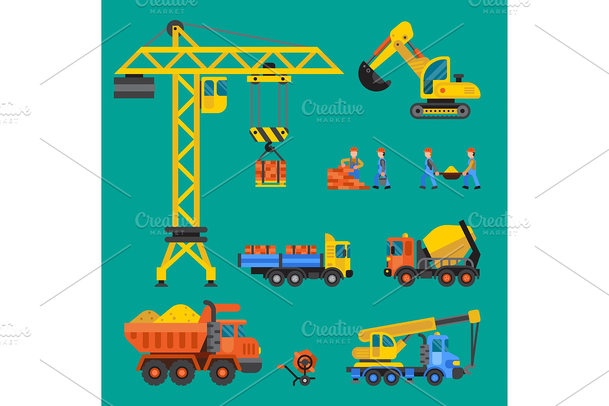 Building under construction vector crane and workers buildings construction technic illustration. Mixer truck builders people. Under construction concept. Workers in helmet tech machine isolated in Illustrations - product preview 8