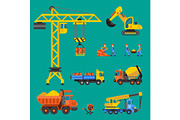 Building under construction vector crane and workers buildings construction technic illustration. Mixer truck builders people. Under construction concept. Workers in helmet tech machine isolated