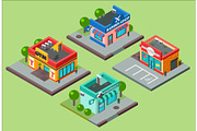 Vector isometric city buildings kiosk convenience store supermarket. Barbershop, pharmacy, beauty salon, fitness gym and shop supermarket mall center urban business isometric construction illustration