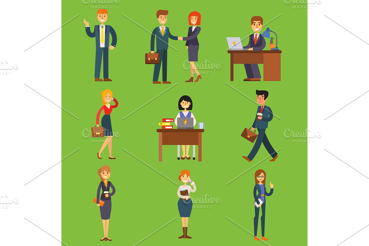 Business people vector characters sitting, meeting, search job candidates cartoon characters office table for job interview, calling by phone businesswoman and businessman illustration in Illustrations - product preview 8