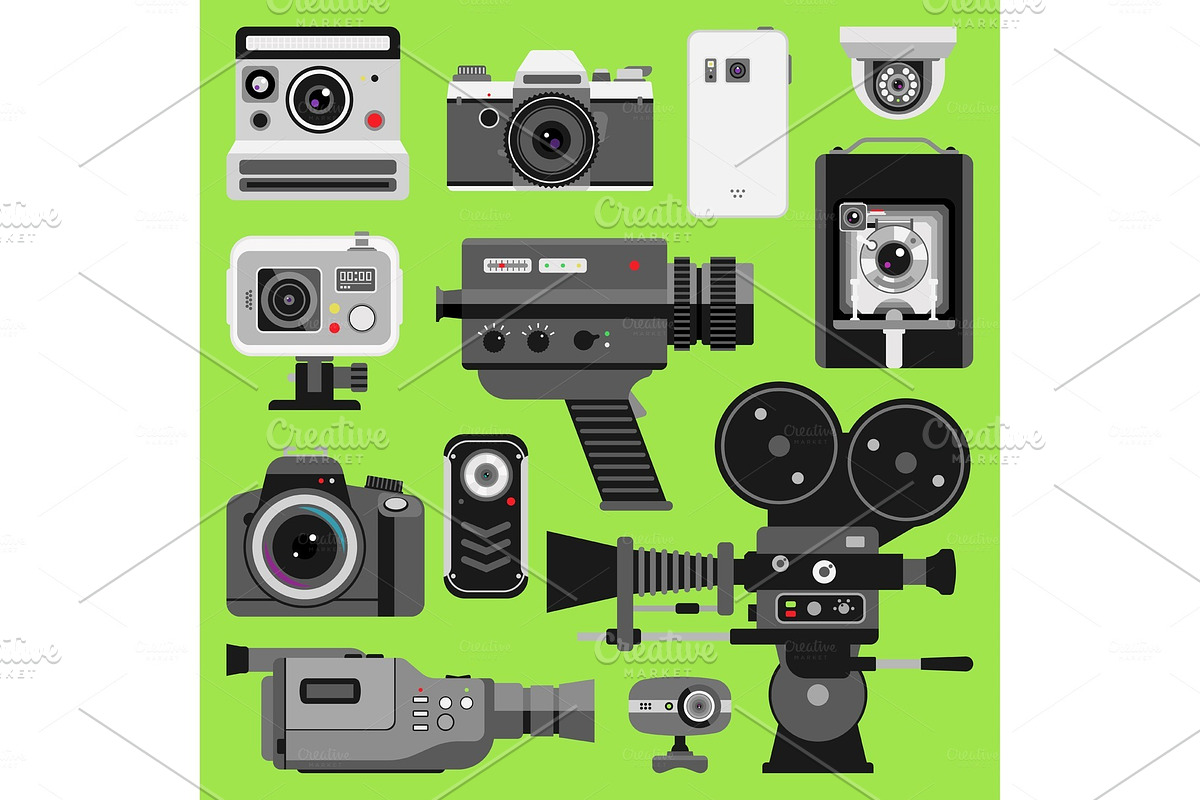 Photo video vector camera tools optic lenses set. Different types photo-objective retro video-equipment, professional movie film making technic. Digital vintage technology electronic cameras device in Illustrations - product preview 8