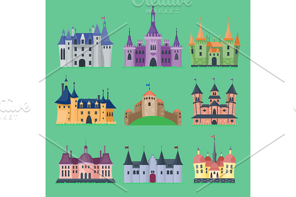 Cartoon fairy tale vector castle key-stone palace tower icon knight medieval architecture castle building illustration. Fantasy old fortress kingdom stronghold royal chess