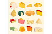 Vector cheese slices peace variety icons cartoon set isolated illustration. Dairy cheese varieties food and milk camembert. Different delicatessen gouda cheese mozzarella, tofu. parmesan