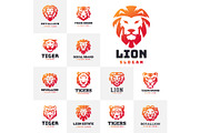 Tiger and lions face logo badge strength predator power wildcat vector illustration.