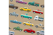Pickup car vector auto delivery transport pick up offroad automobile vehicle or truck and mockup isolated citycar seamless pattern background