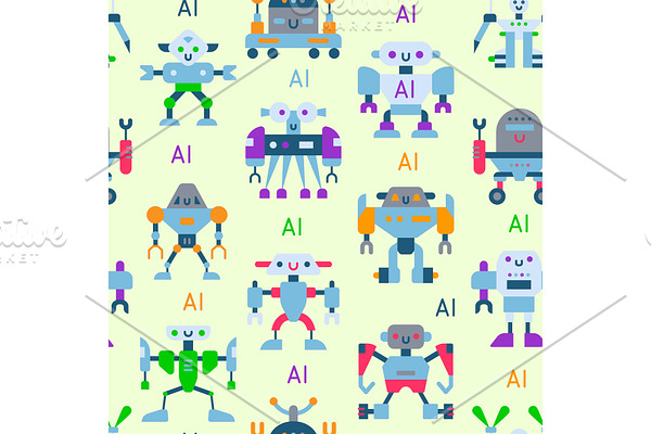 Robots vector cartoon robotic kids toy cute character monster or transformer cyborg robotics transform robotically seamless pattern background