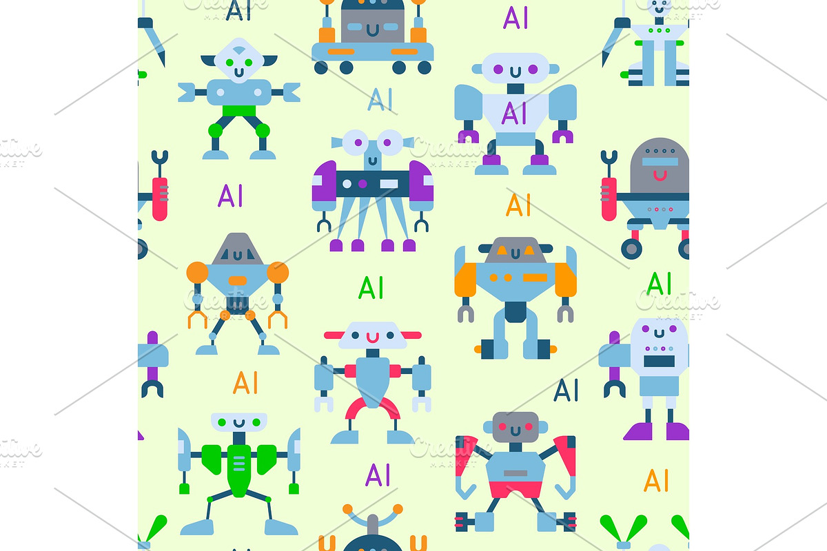 Robots vector cartoon robotic kids toy cute character monster or transformer cyborg robotics transform robotically seamless pattern background in Illustrations - product preview 8