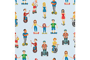 Vector people on electric transport set characters driving gyroscooter and balancing man on electrical monowheel or eco balance board illustration seamless pattern background