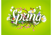 Spring vector text lettering background with flower floral green text letter ornament beautiful calligraphy flower hello Spring is coming poster illustration.