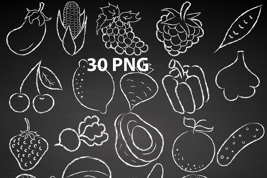 Chalkboard Fruit Vegetables Doodles